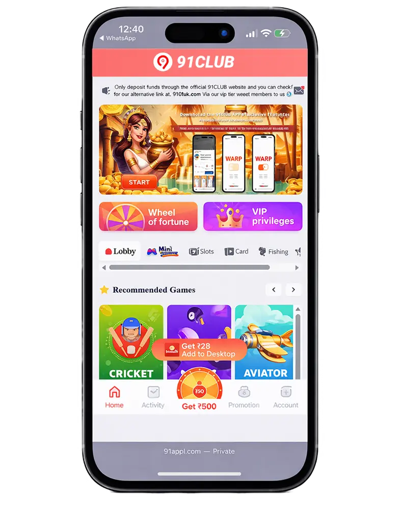 91 Club app download screen