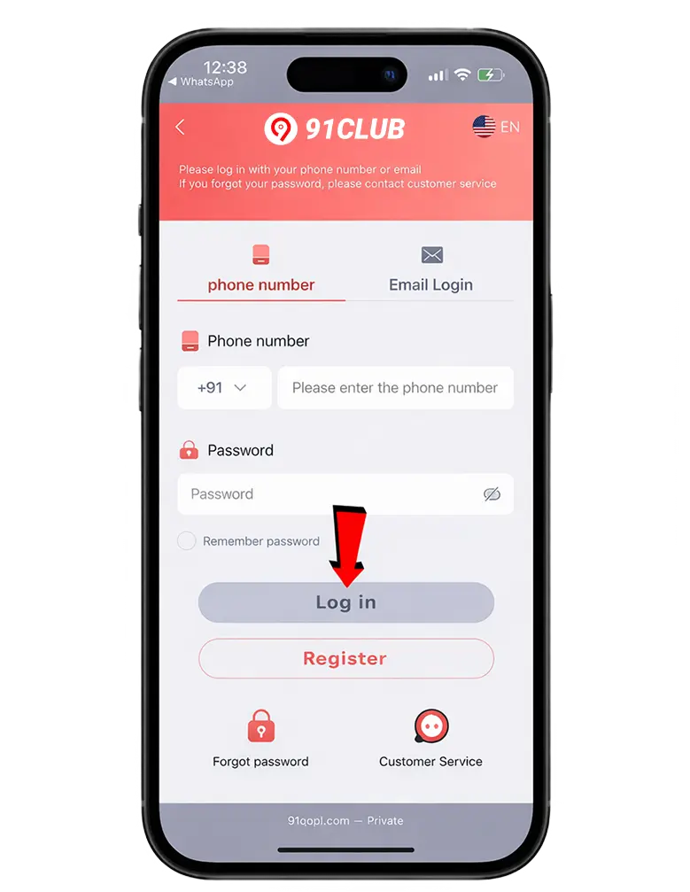 91 Club login screen