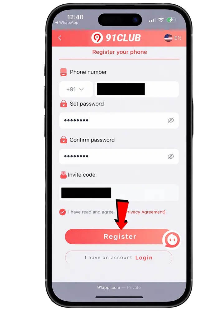 91 Club register screen